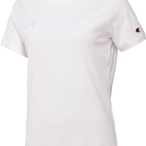 Champion-Women-Crewneck Shirts-Apparel-Women's Script Logo T-Shirt Icons-White