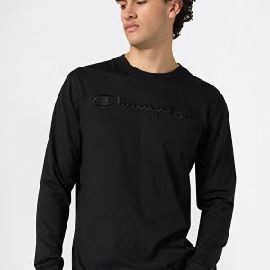 Champion-Men-Long Sleeve T-Shirts-Apparel-Men's Crewneck Long Sleeve With Big Embroidery Logo T-Shirt Icons-Black