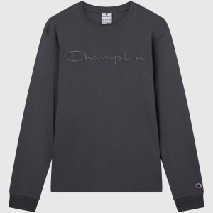Champion-Men-Long Sleeve T-Shirts-Apparel-Men's Crewneck Long Sleeve With Big Embroidery Logo T-Shirt Icons-Dark Grey