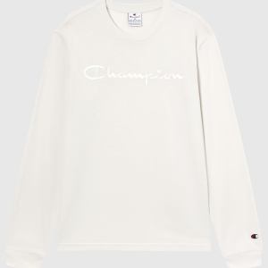 Champion-Men-Long Sleeve T-Shirts-Apparel-Men's Crewneck Long Sleeve With Big Embroidery Logo T-Shirt Icons-Cream