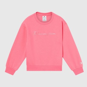 Champion-Girls-Crewneck Sweatshirts-Apparel-Girls' Fleece Crewneck Sweatshirt With Large Embroidered Logo-Laid Back Coral