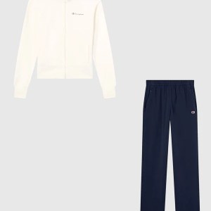 Champion-Women-Sweatsuits-Apparel-Women's Slim Fit Zip Sweatsuit-Cream/Navy Blue